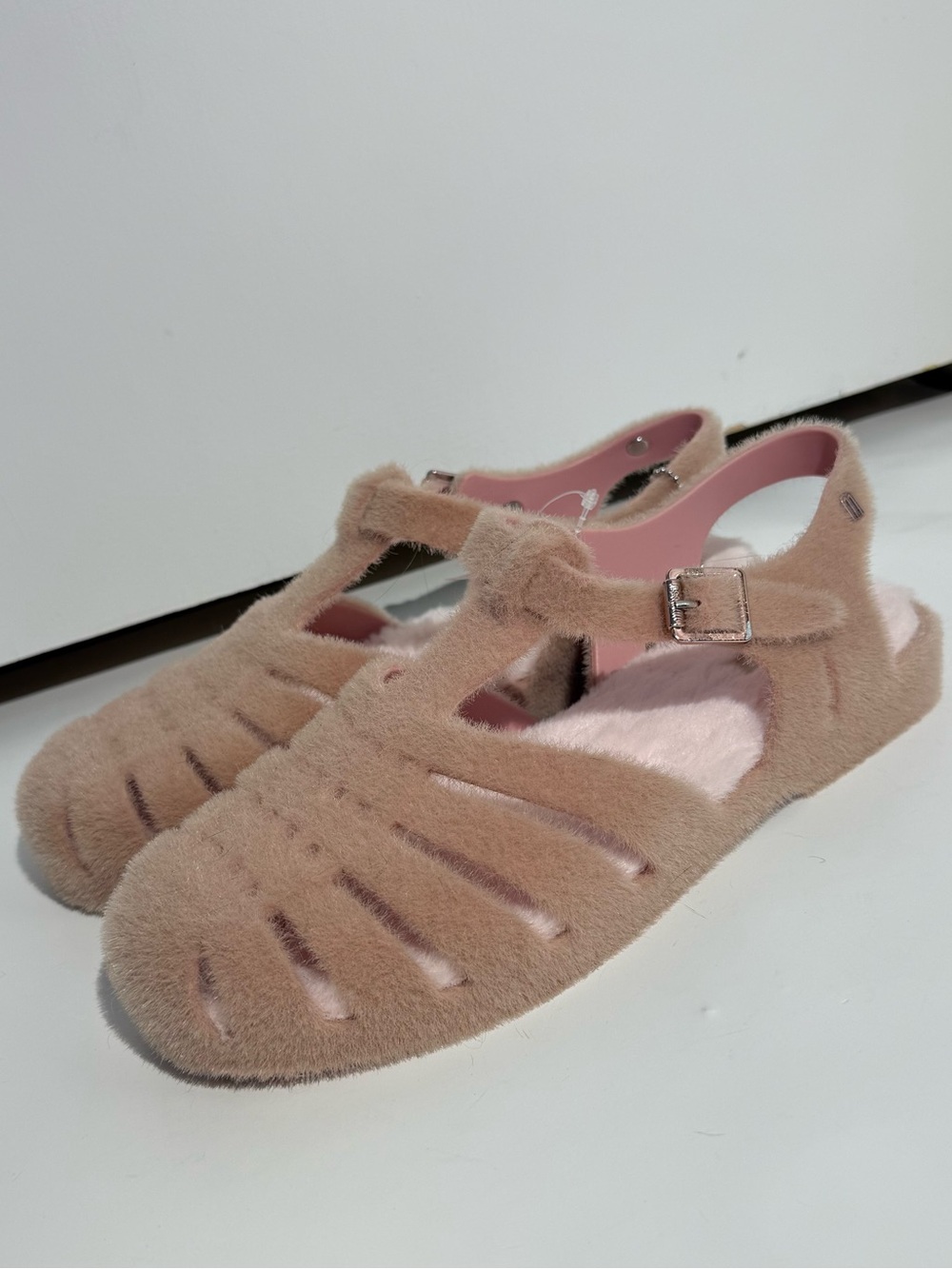 NWOT Melissa Anthropologie Possession Warm Pink Fuzzy Sandals - Picture 7 of 15